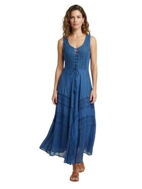 Papa Blue Sleeveless Lace-Up Maxi Dress Boho Bohemian Tiered Length Size Large